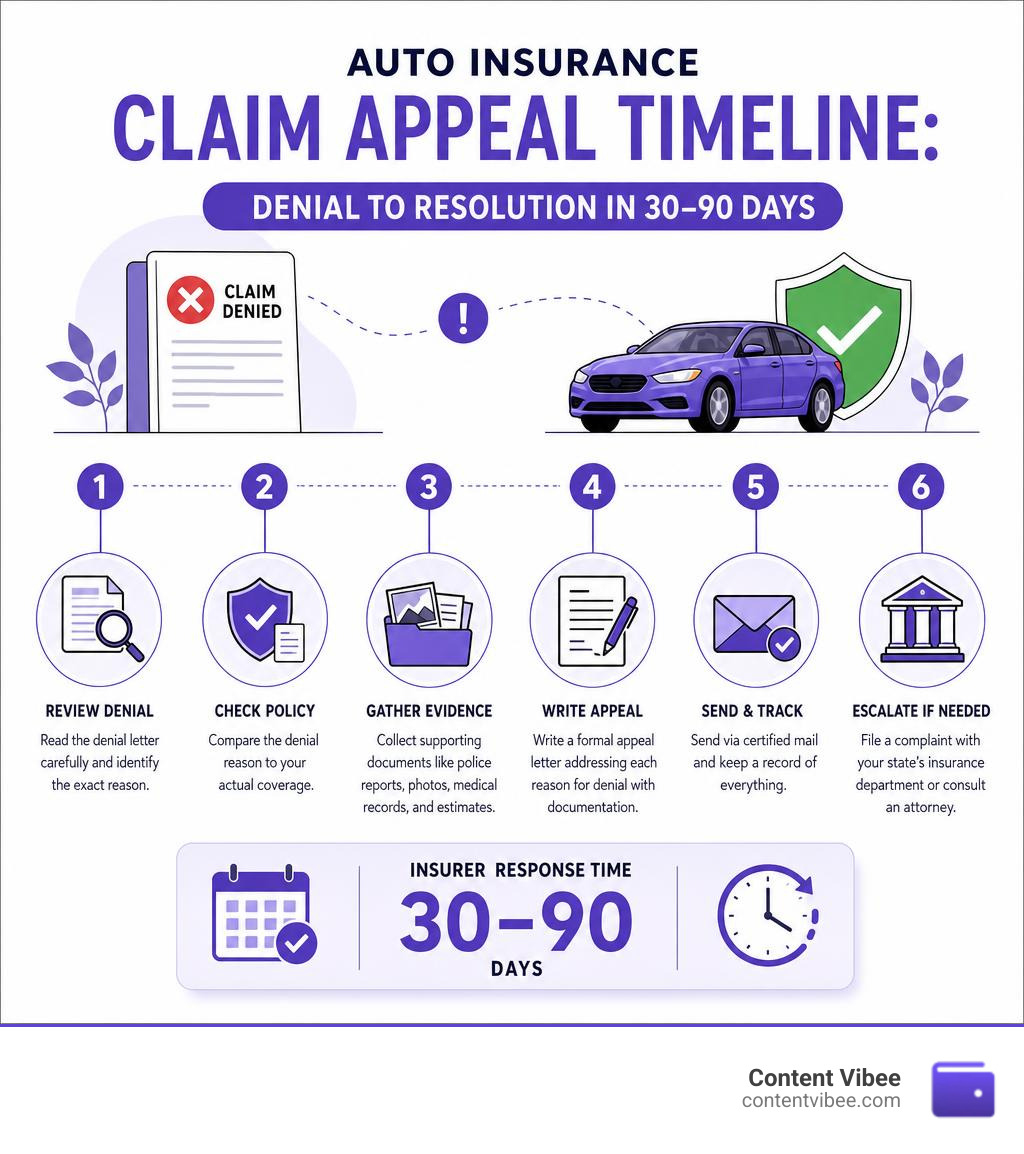 Auto insurance claim appeal timeline: denial to resolution in 30-90 days infographic