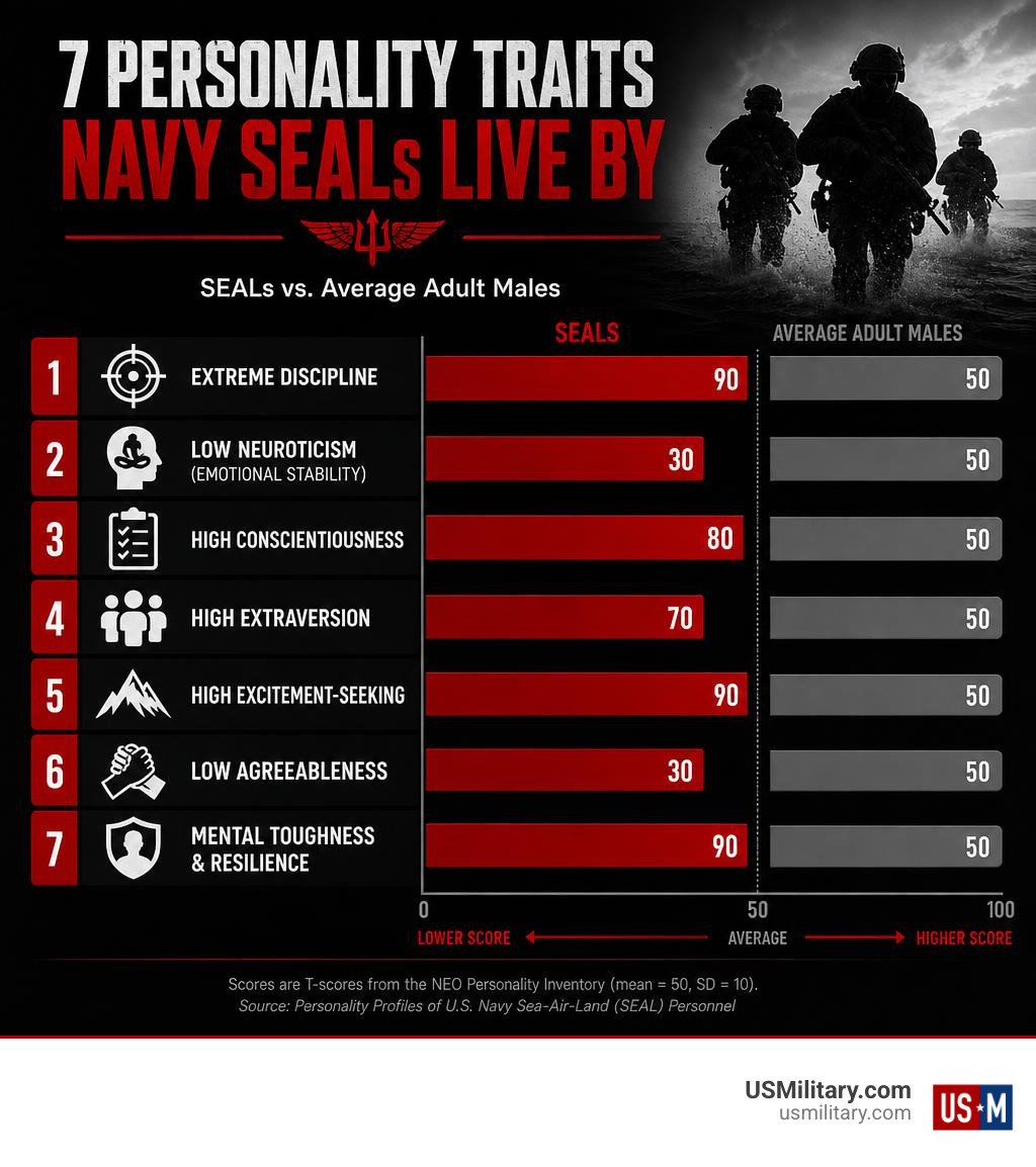 Infographic showing the 7 personality traits of Navy SEALs with scores vs. average adult males infographic Infographic showing the 7 personality traits of Navy SEALs with scores vs. average adult males infographic