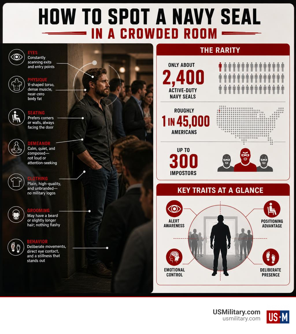 Infographic showing Navy SEAL rarity statistics and key identification traits in a crowded room infographic Infographic showing Navy SEAL rarity statistics and key identification traits in a crowded room infographic