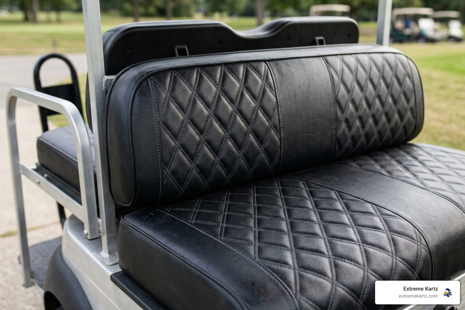 premium marine-grade vinyl cushions with diamond stitching on a rear golf cart seat