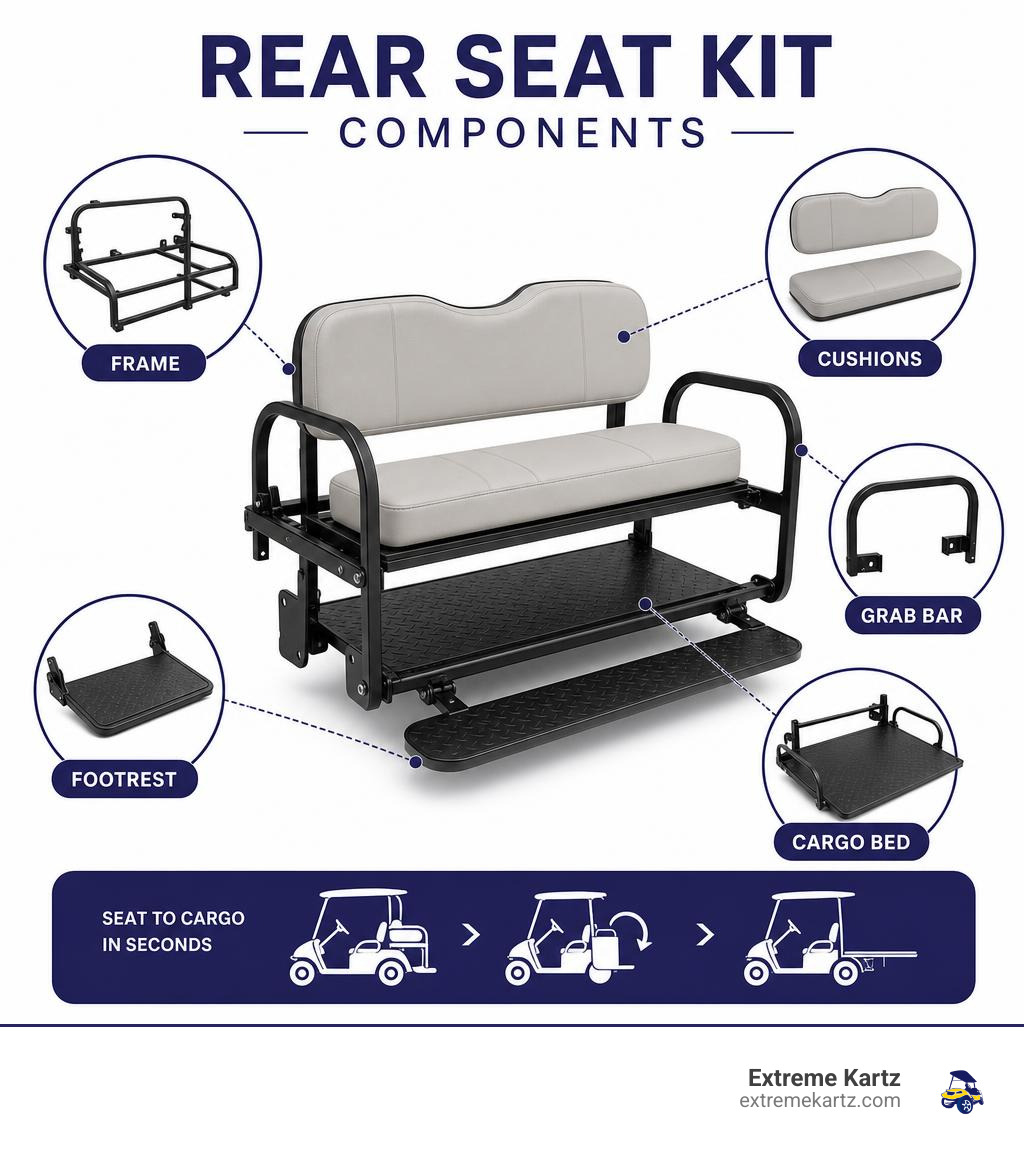 infographic showing rear seat kit components including frame, cushions, grab bar, footrest, and cargo bed with labels