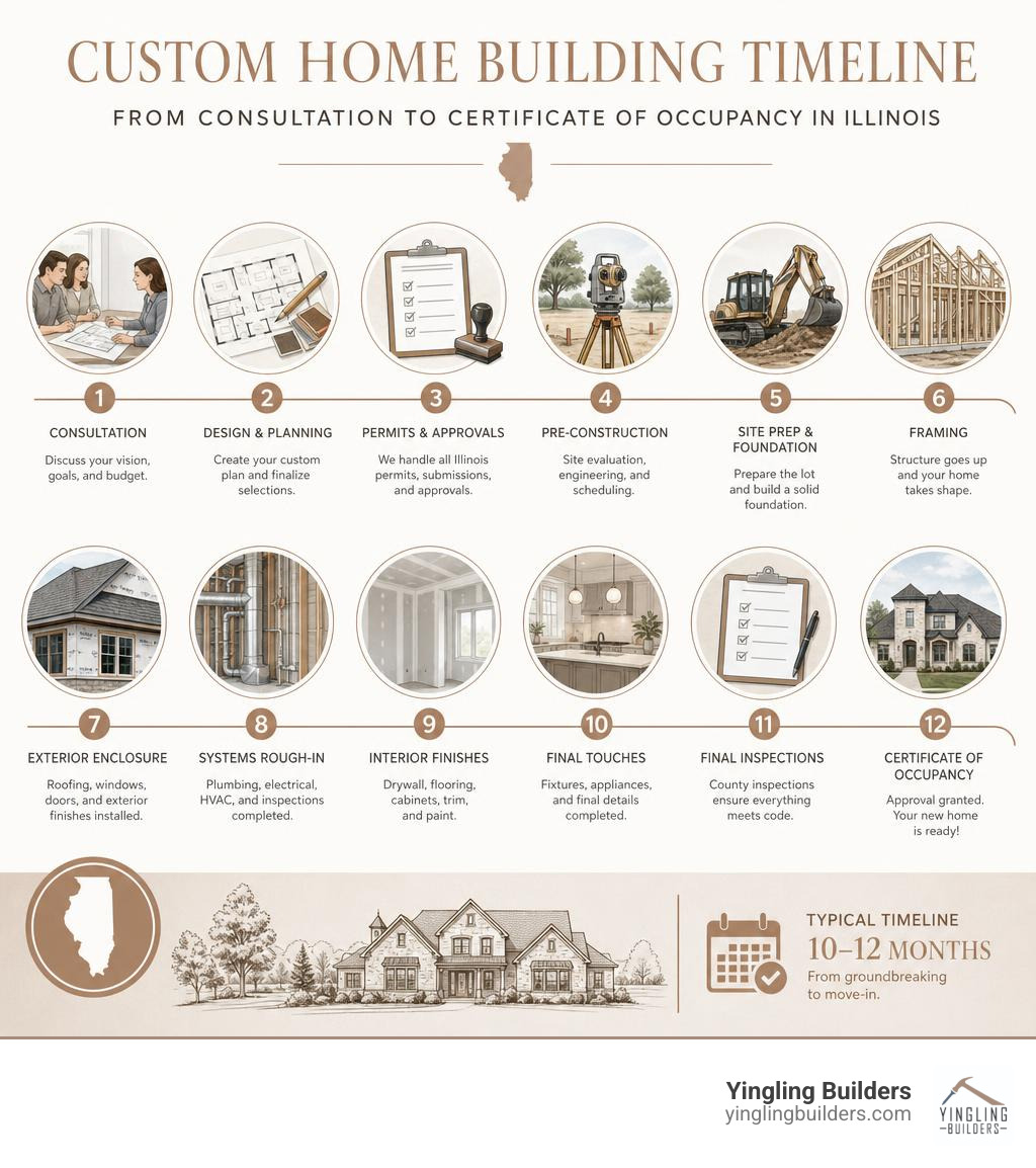 Custom home building timeline infographic from consultation to certificate of occupancy in Illinois infographic Custom home building timeline infographic from consultation to certificate of occupancy in Illinois infographic