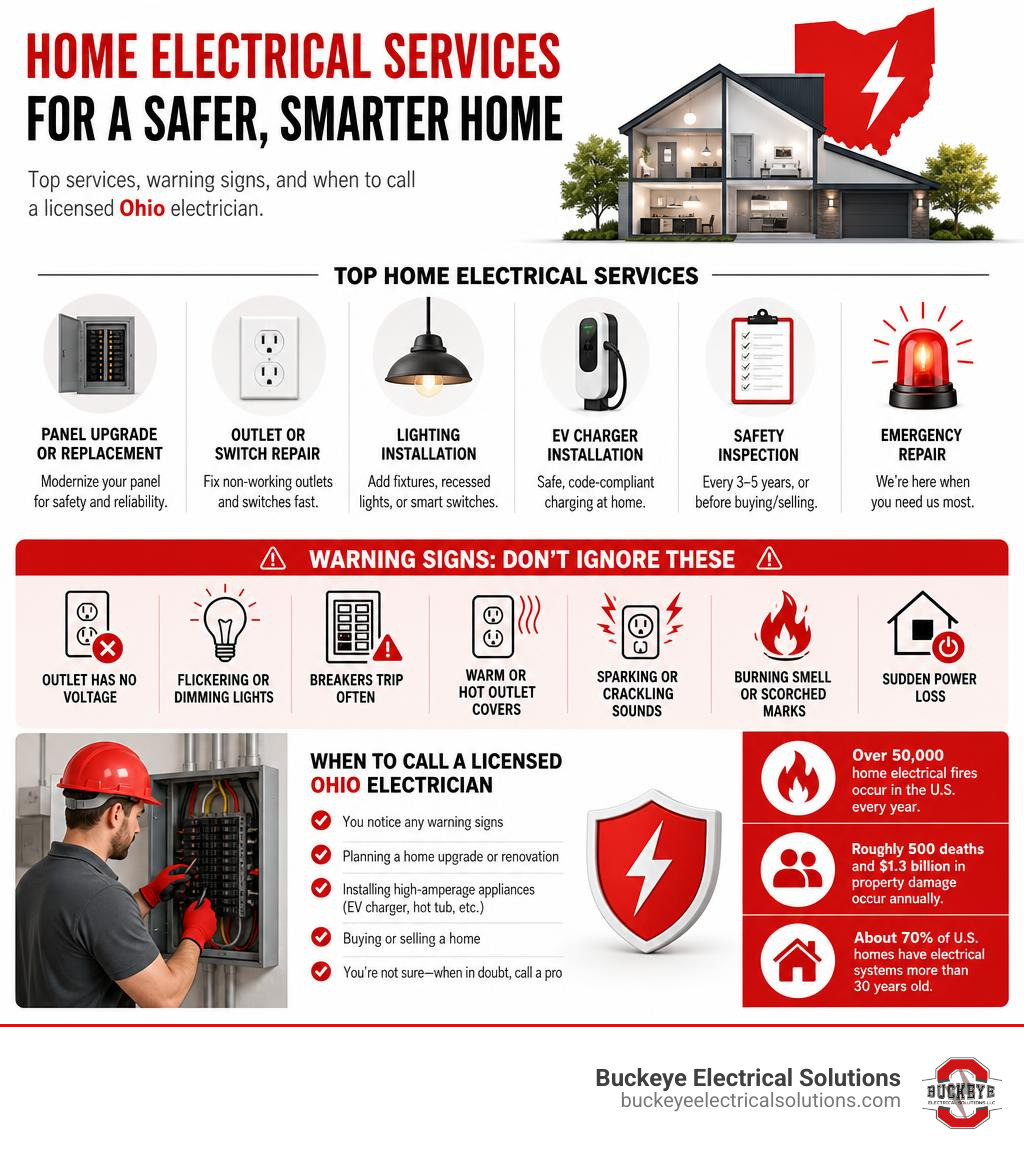 Infographic showing top home electrical services, warning signs, and when to call a licensed Ohio electrician infographic