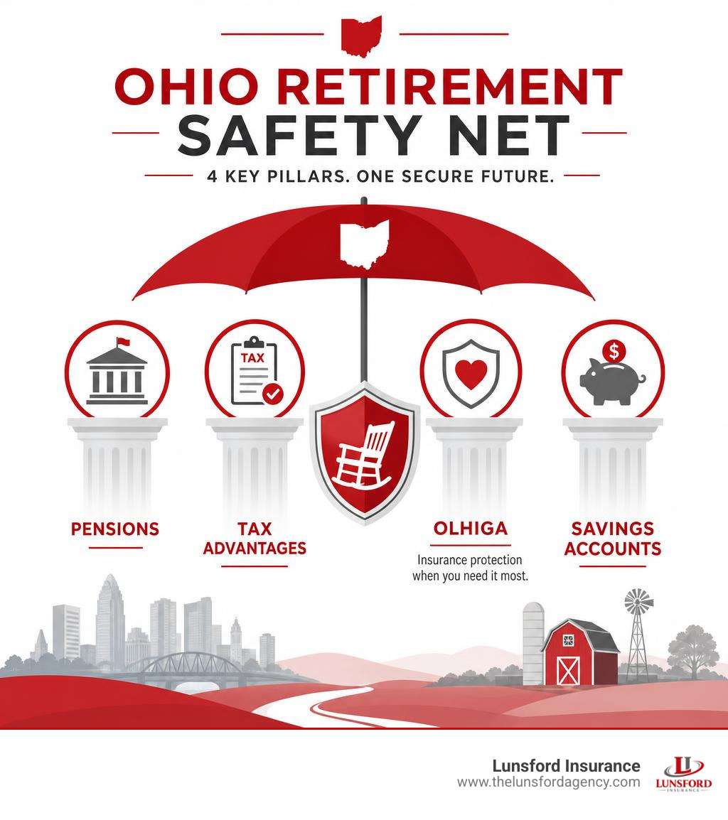 Ohio retirement planning safety net infographic showing key pillars: pensions, tax advantages, OLHIGA, and savings accounts Ohio retirement planning safety net infographic showing key pillars: pensions, tax advantages, OLHIGA, and savings accounts