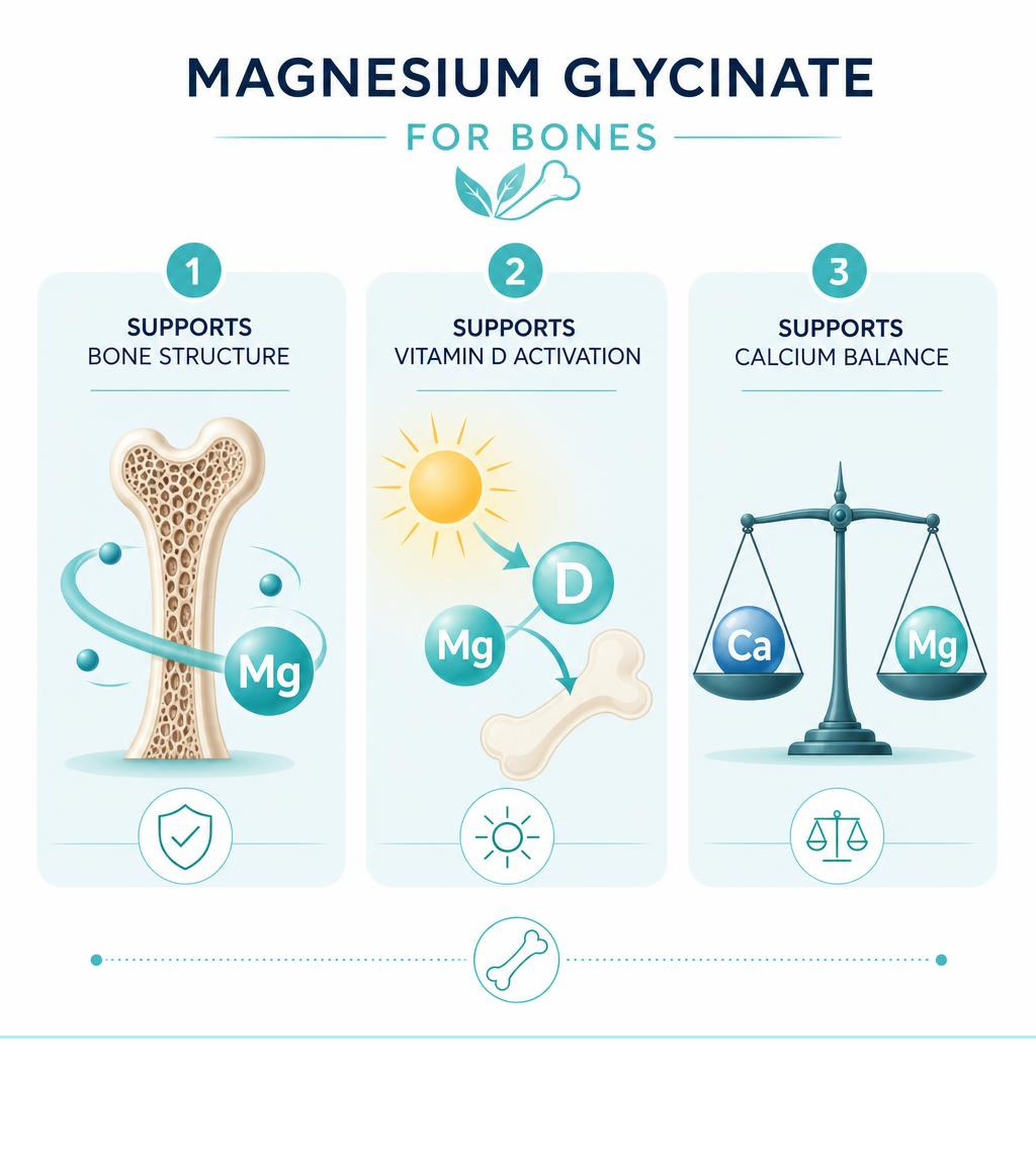 Infographic showing how magnesium supports bone structure, vitamin D activation, and calcium balance infographic. Remove "higher fracture risk"