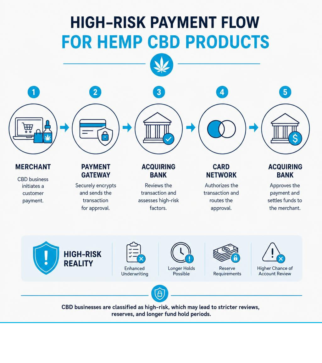 Infographic showing high-risk payment flow for hemp CBD products from merchant to acquiring bank infographic Infographic showing high-risk payment flow for hemp CBD products from merchant to acquiring bank infographic