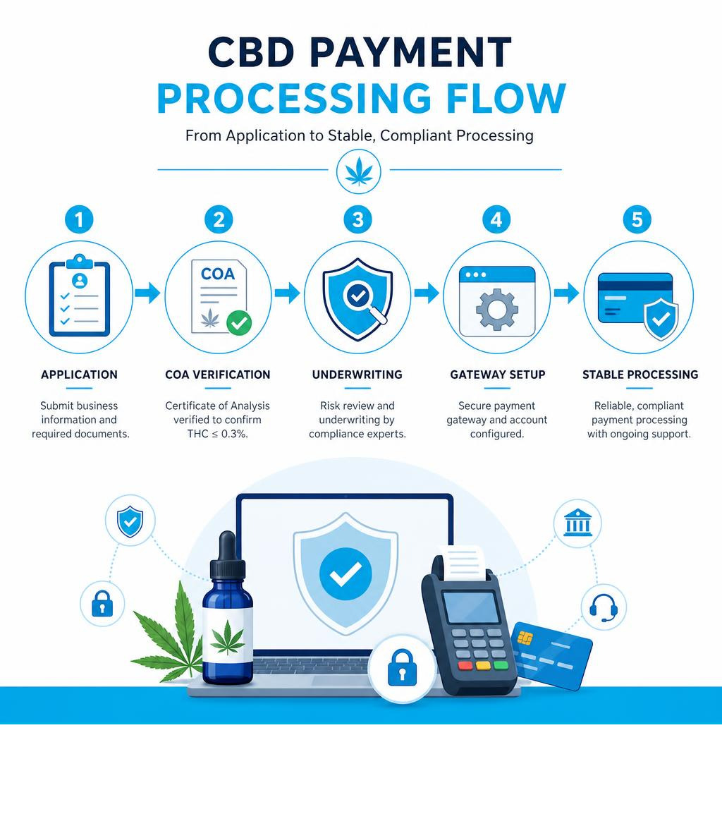 CBD payment processing flow infographic showing application, COA verification, underwriting, gateway setup, and stable CBD payment processing flow infographic showing application, COA verification, underwriting, gateway setup, and stable