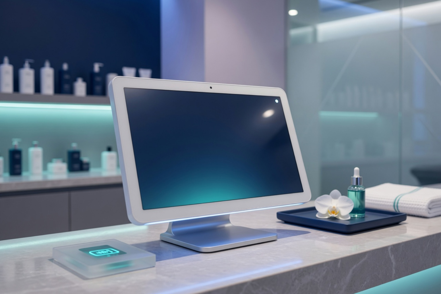 secure payment gateway interface on a touchscreen POS in a luxury med spa secure payment gateway interface on a touchscreen POS in a luxury med spa
