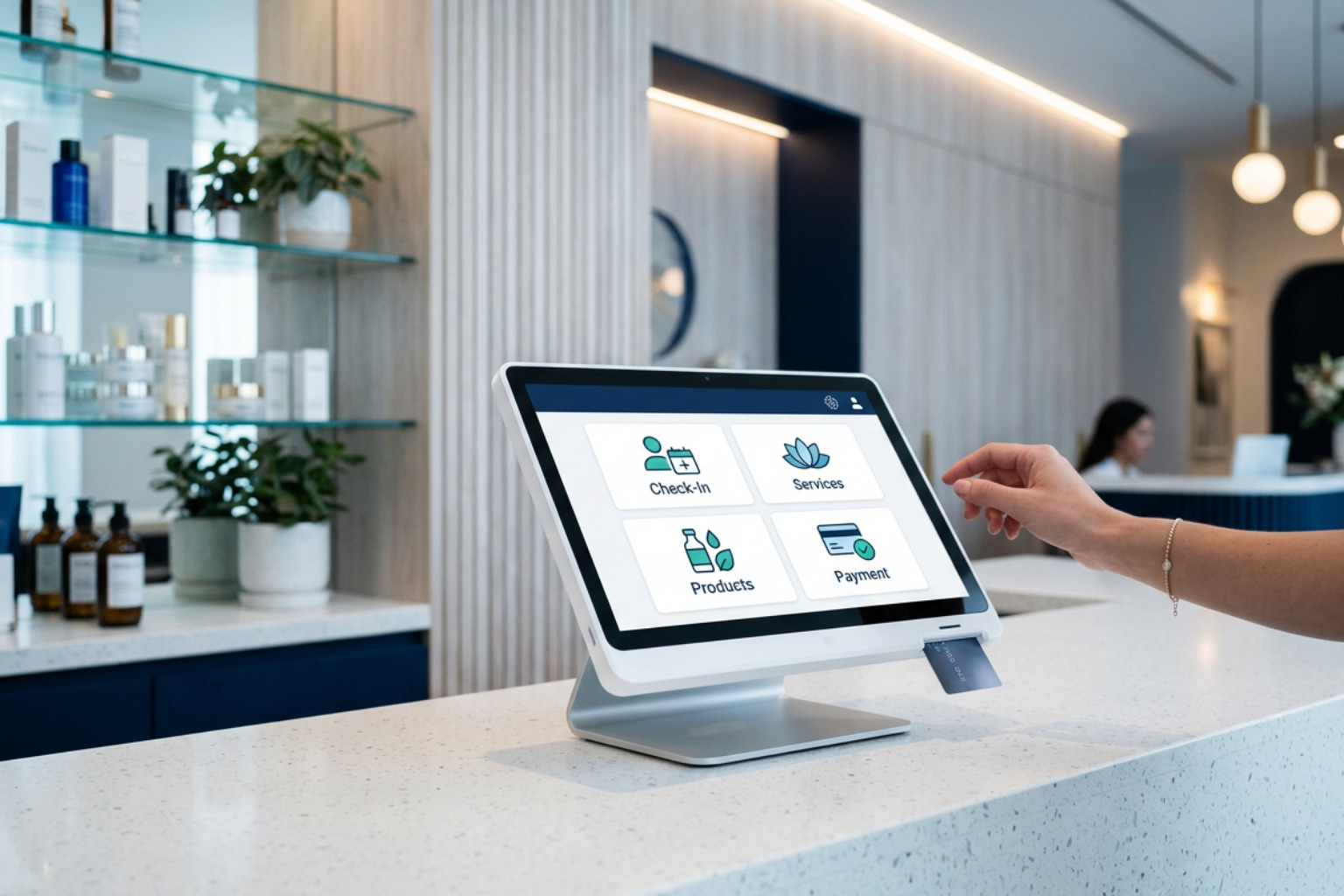 Sleek white modern touchscreen POS device on a retail counter with Vector Payments colors Sleek white modern touchscreen POS device on a retail counter with Vector Payments colors