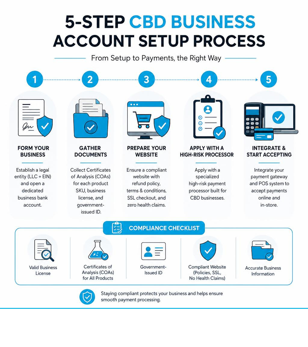 5-step CBD business account setup process infographic with compliance checklist infographic 5-step CBD business account setup process infographic with compliance checklist infographic