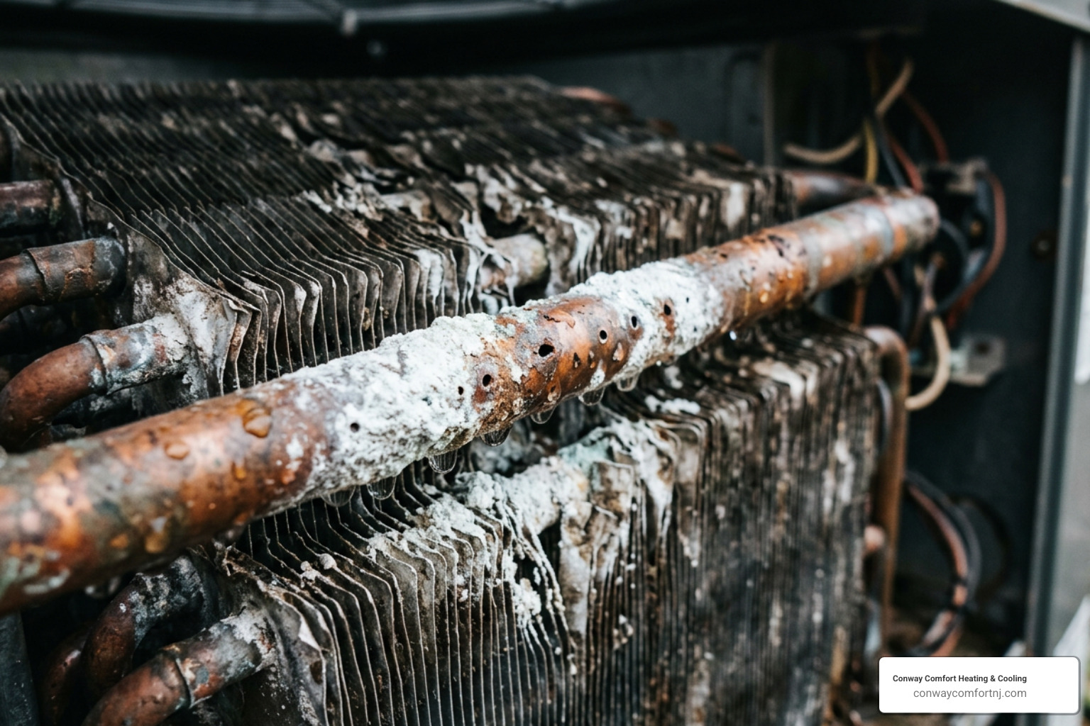 corroded copper evaporator coil showing signs of formicary corrosion and leaks