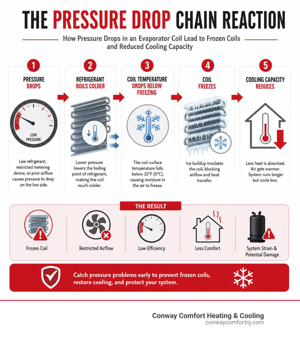 infographic showing how pressure drops in an evaporator coil lead to frozen coils and reduced cooling capacity infographic