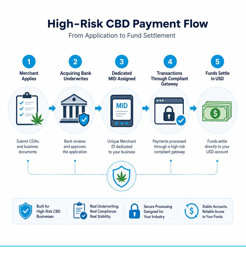 Infographic showing high-risk CBD payment flow: merchant applies with COAs and business docs, acquiring bank underwrites Infographic showing high-risk CBD payment flow: merchant applies with COAs and business docs, acquiring bank underwrites