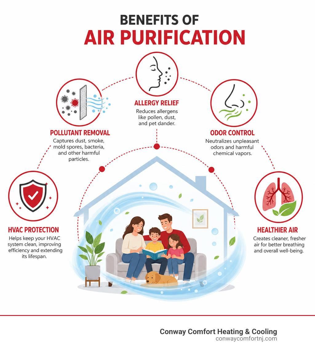 Benefits of air purification infographic: pollutant removal, allergy relief, odor control, HVAC protection, healthier air
