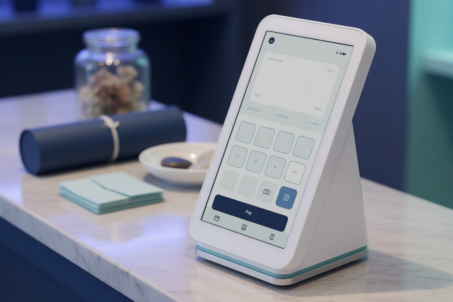 Sleek white modern touchscreen POS device on a counter in a professional retail environment, minimal fintech aesthetic Sleek white modern touchscreen POS device on a counter in a professional retail environment, minimal fintech aesthetic