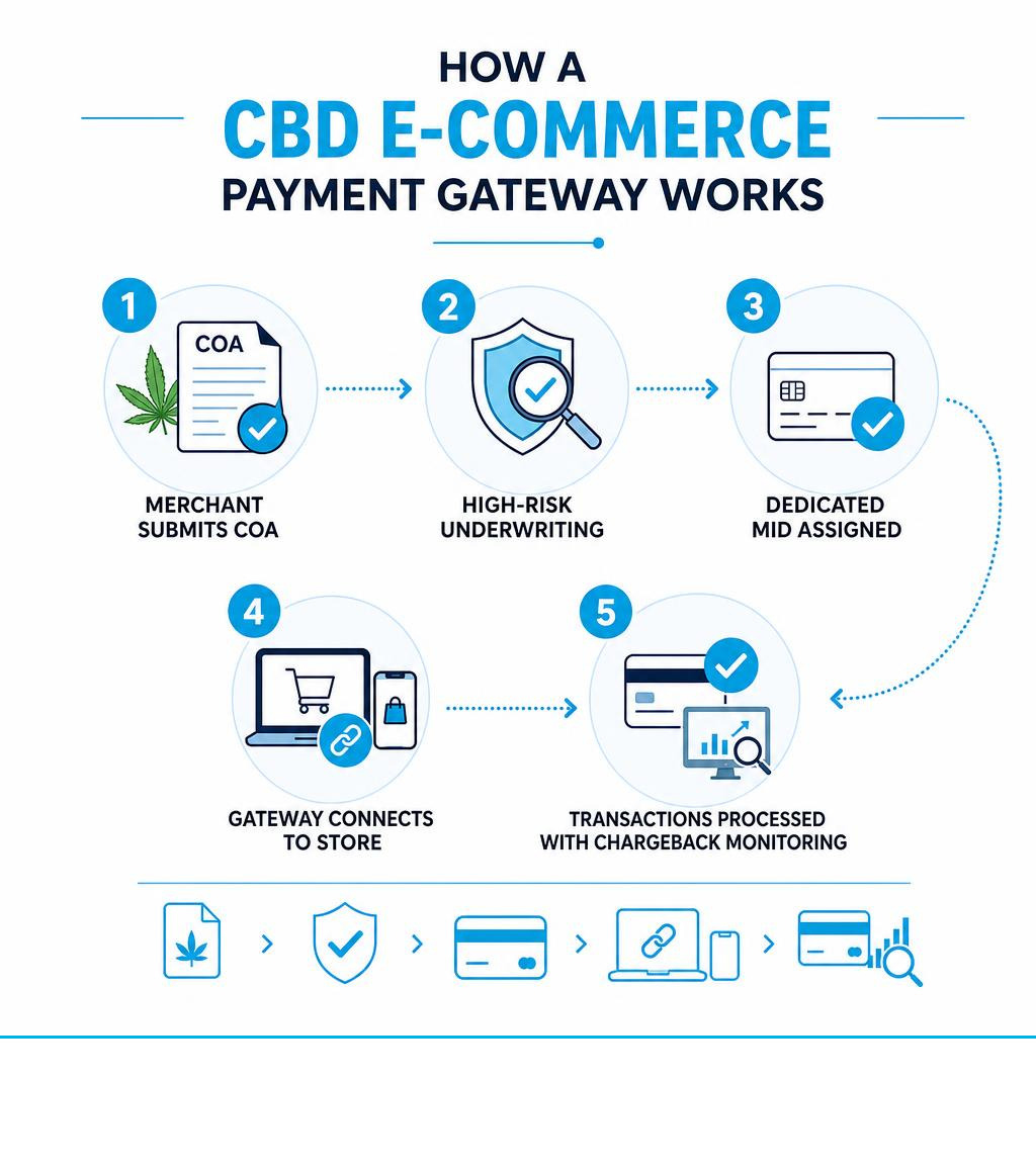 How a CBD e-commerce payment gateway works: merchant submits COA, high-risk underwriting, dedicated MID assigned, gateway How a CBD e-commerce payment gateway works: merchant submits COA, high-risk underwriting, dedicated MID assigned, gateway