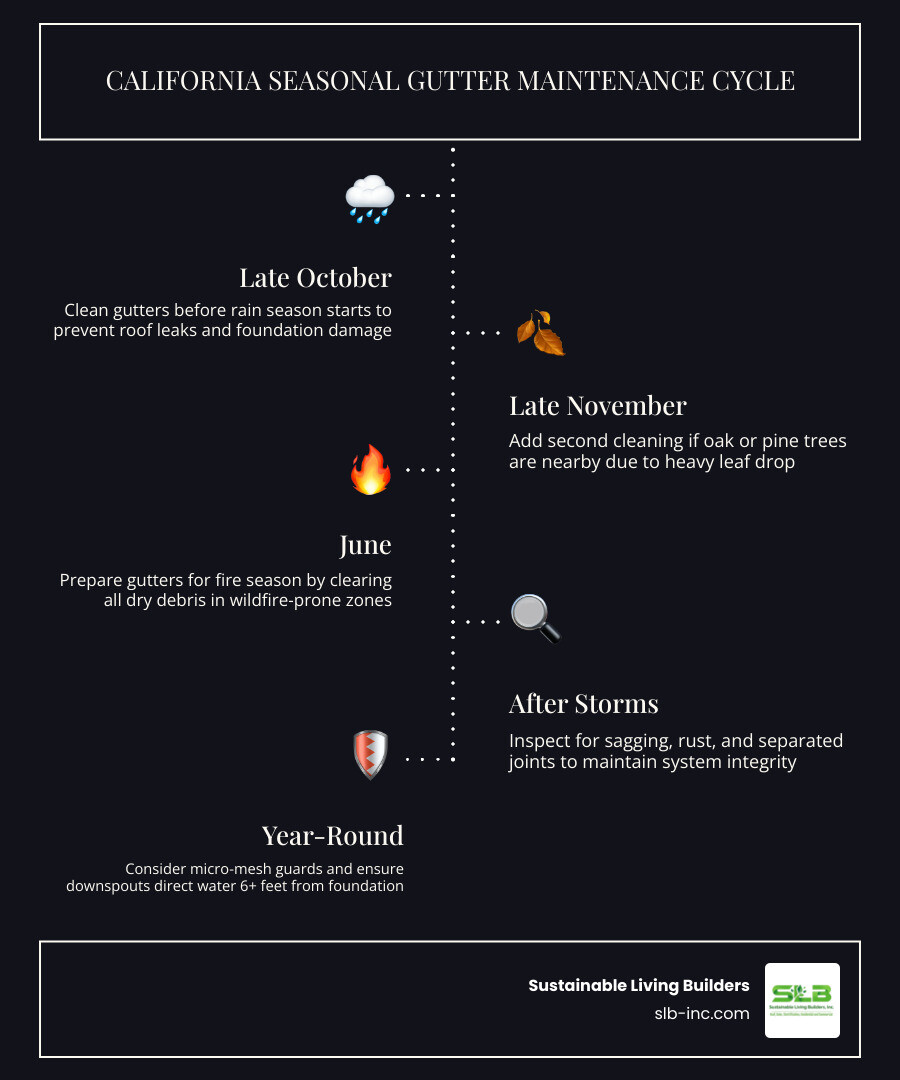 California seasonal gutter maintenance cycle infographic showing rain season, fire season, leaf drop season, and dry season California seasonal gutter maintenance cycle infographic showing rain season, fire season, leaf drop season, and dry season