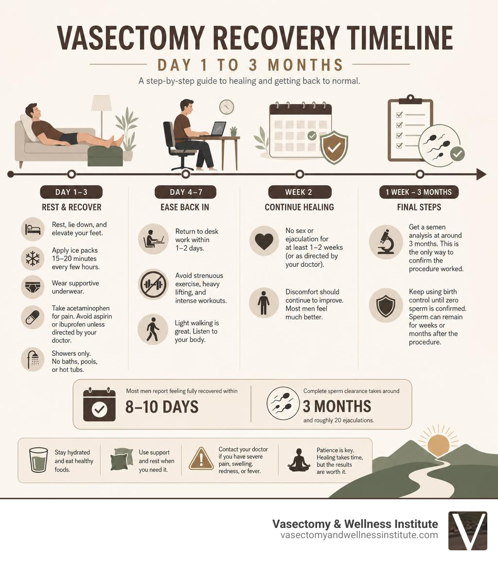 Step-by-step vasectomy recovery timeline infographic from day 1 to 3 months post-procedure infographic