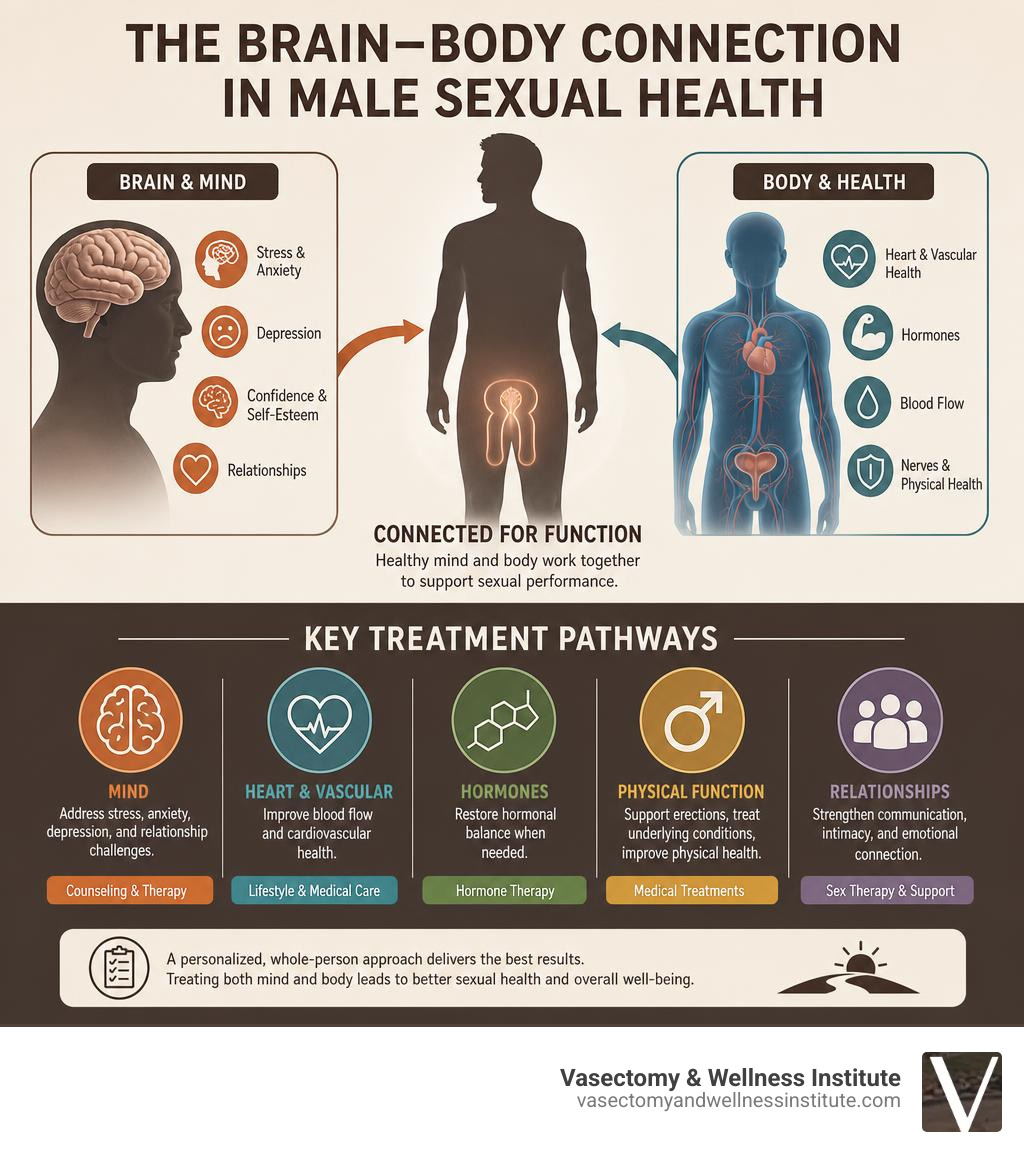 Infographic showing brain-body connection in male sexual health and key treatment pathways infographic Infographic showing brain-body connection in male sexual health and key treatment pathways infographic