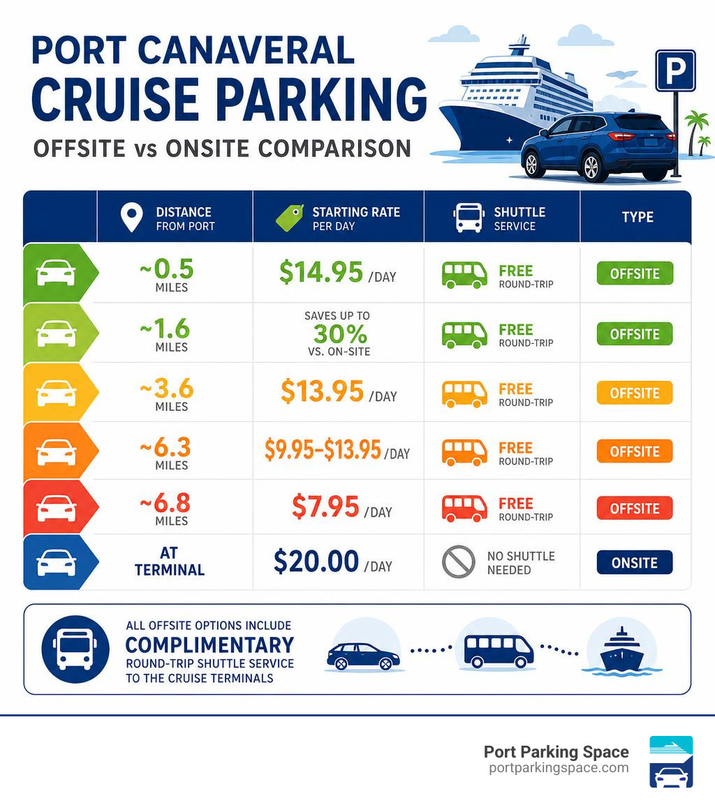 Infographic comparing offsite vs onsite Port Canaveral cruise parking by distance, rate, and shuttle infographic Infographic comparing offsite vs onsite Port Canaveral cruise parking by distance, rate, and shuttle infographic
