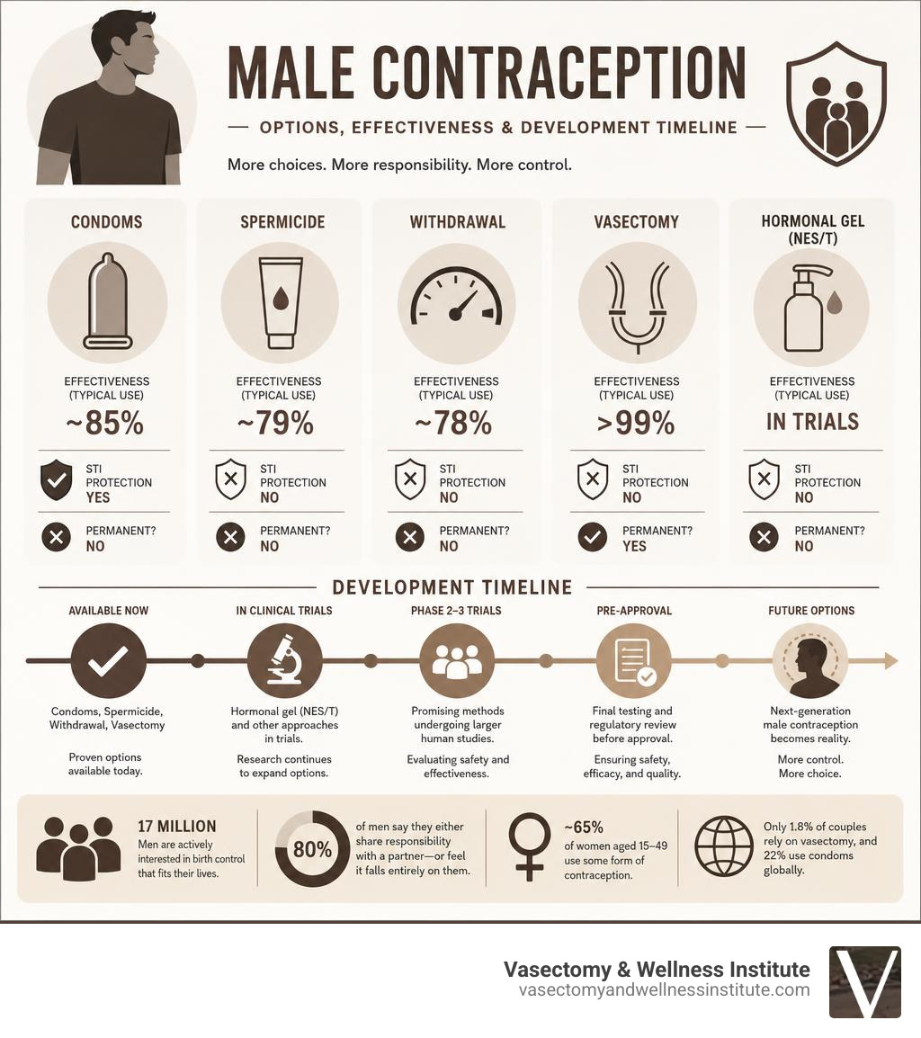 Overview infographic of male contraception options, effectiveness rates, and development timeline infographic Overview infographic of male contraception options, effectiveness rates, and development timeline infographic