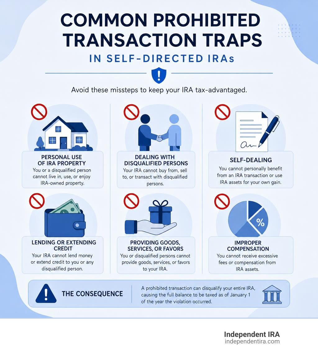Infographic highlighting common prohibited transaction traps in self-directed IRAs infographic Infographic highlighting common prohibited transaction traps in self-directed IRAs infographic