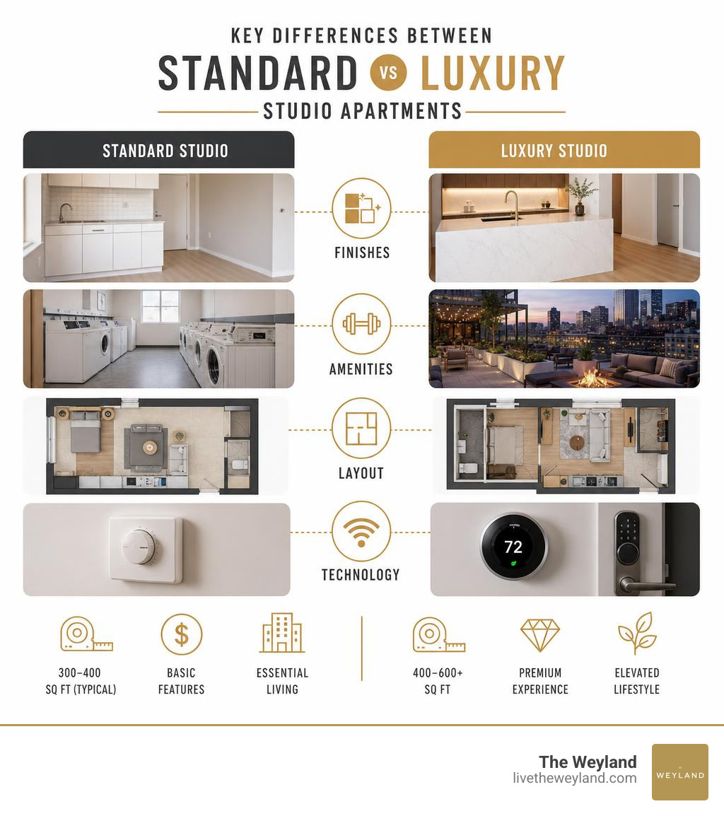 Key differences between standard and luxury studio apartments: finishes, amenities, layout, and technology infographic Key differences between standard and luxury studio apartments: finishes, amenities, layout, and technology infographic