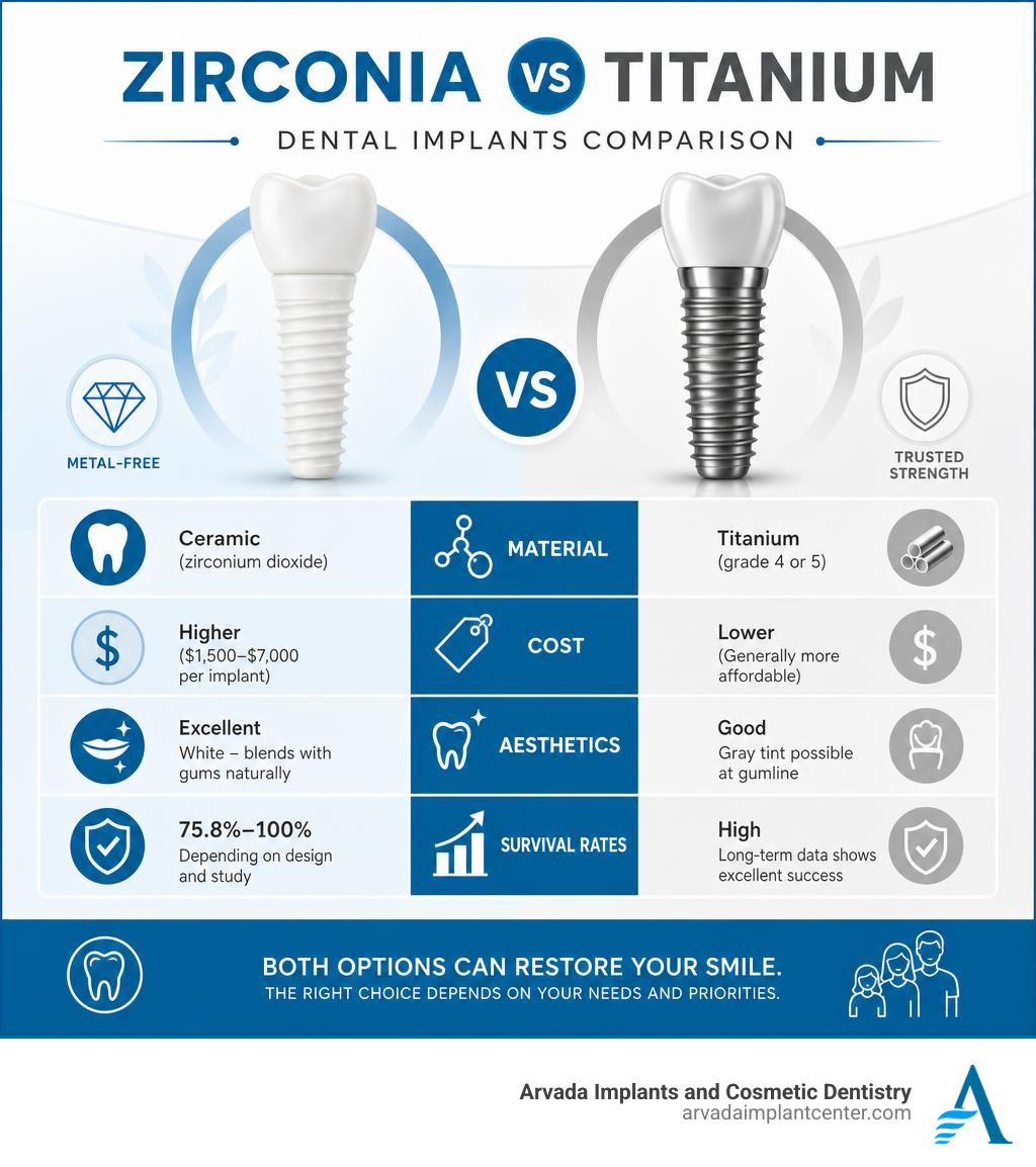 Zirconia vs titanium dental implants comparison infographic showing material, cost, aesthetics, and survival rates