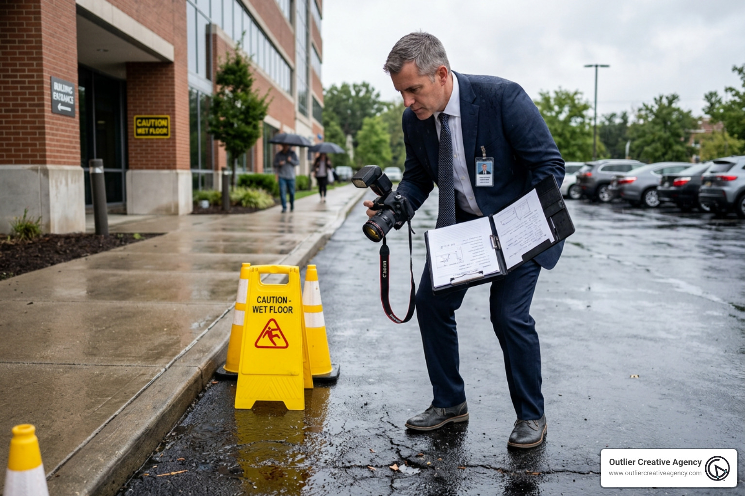 Attorney investigating an accident scene to gather premises liability evidence