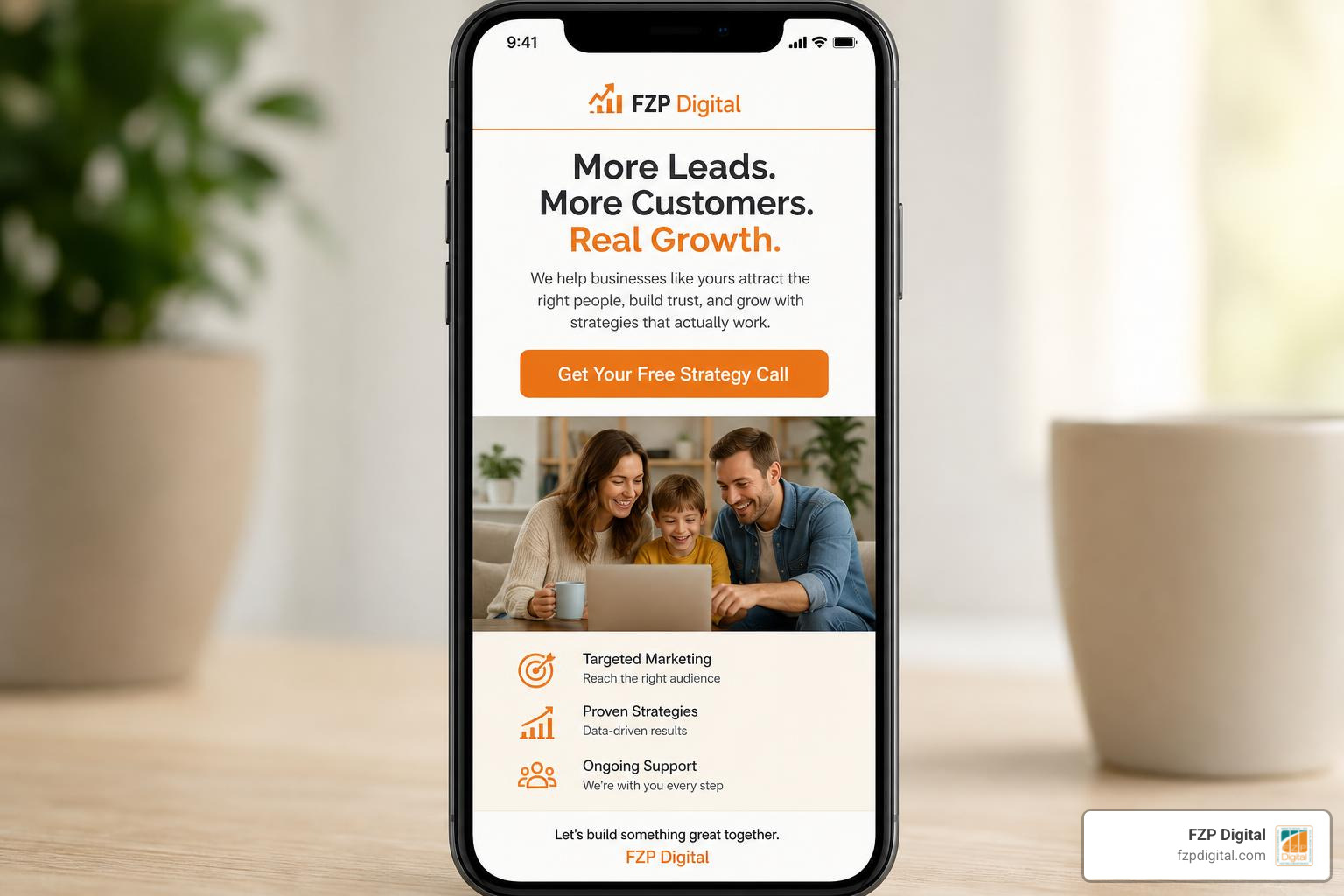 Mobile-optimized email layout showing a clean single-column design with a large CTA button and FZP Digital branding Mobile-optimized email layout showing a clean single-column design with a large CTA button and FZP Digital branding