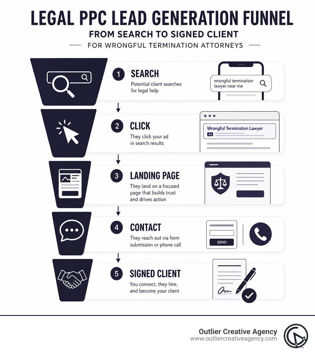 Legal PPC lead generation funnel from search to signed client for wrongful termination attorneys infographic