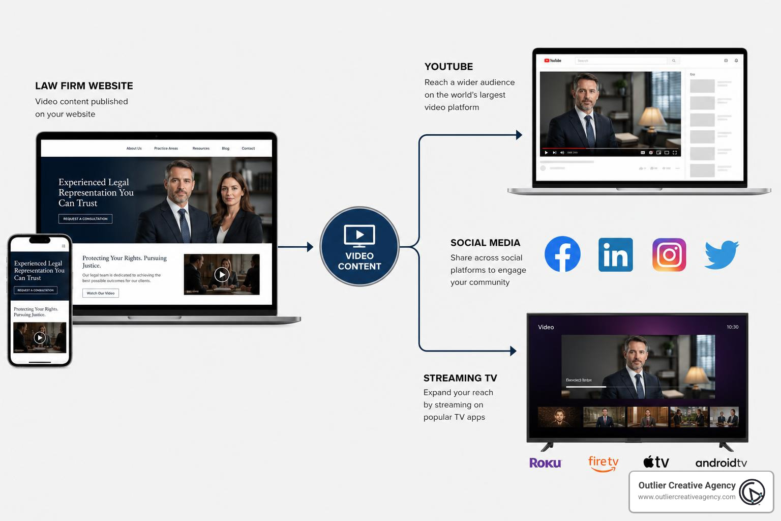 Multi-platform legal video distribution map showing how high-value video assets are syndicated across your website, YouTube