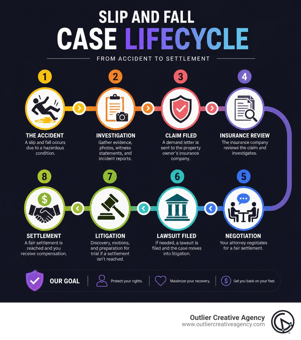 Slip and fall case lifecycle infographic showing steps from accident to settlement infographic
