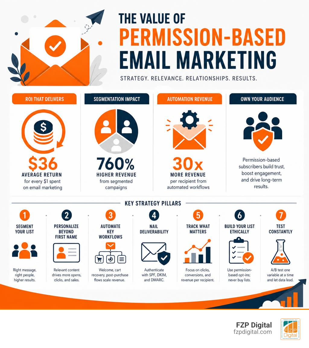 Infographic showing the value of permission-based email marketing: ROI stats, segmentation impact, automation revenue, and Infographic showing the value of permission-based email marketing: ROI stats, segmentation impact, automation revenue, and