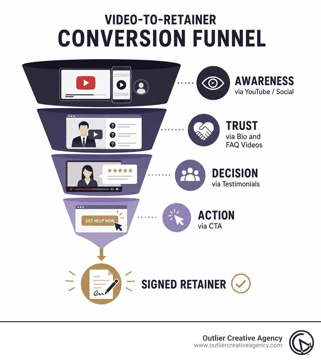 Infographic showing the video-to-retainer conversion funnel: Awareness via YouTube/Social → Trust via Bio and FAQ Videos →