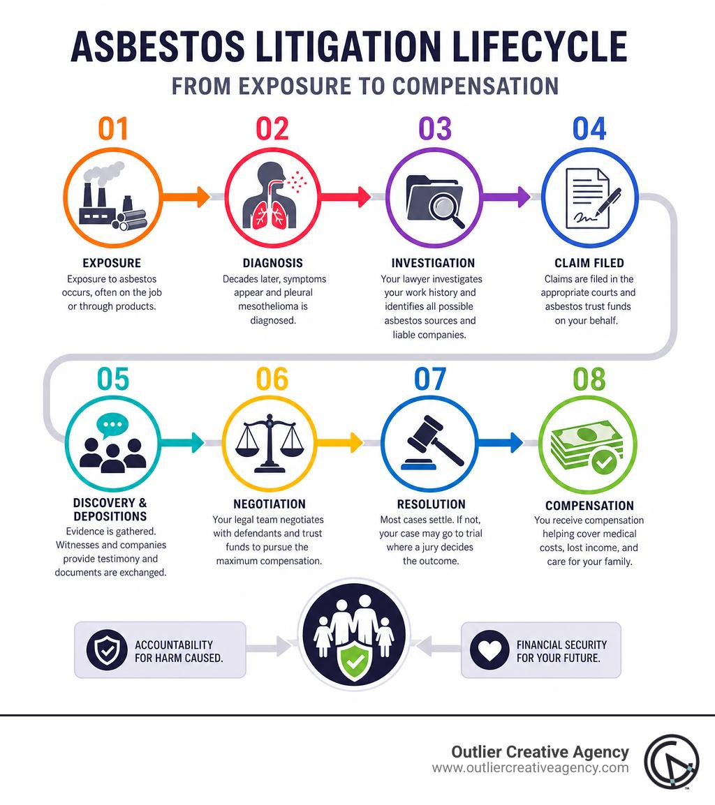 Asbestos litigation lifecycle from exposure to compensation infographic infographic