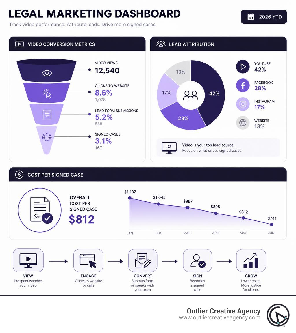Legal marketing dashboard showing video conversion metrics, lead attribution, and cost per signed case infographic