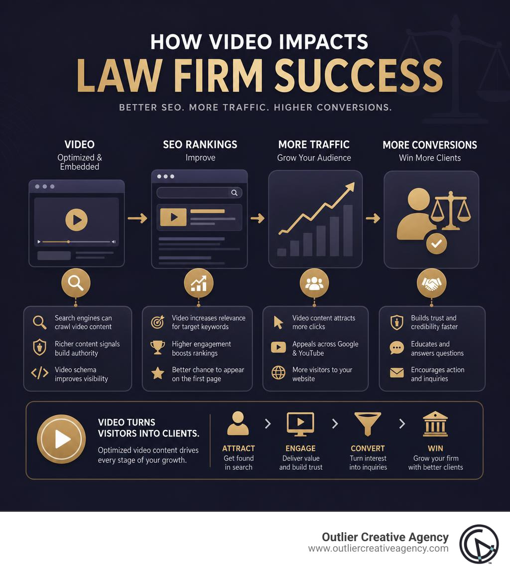 Infographic showing how video impacts law firm SEO rankings, traffic, and conversions infographic