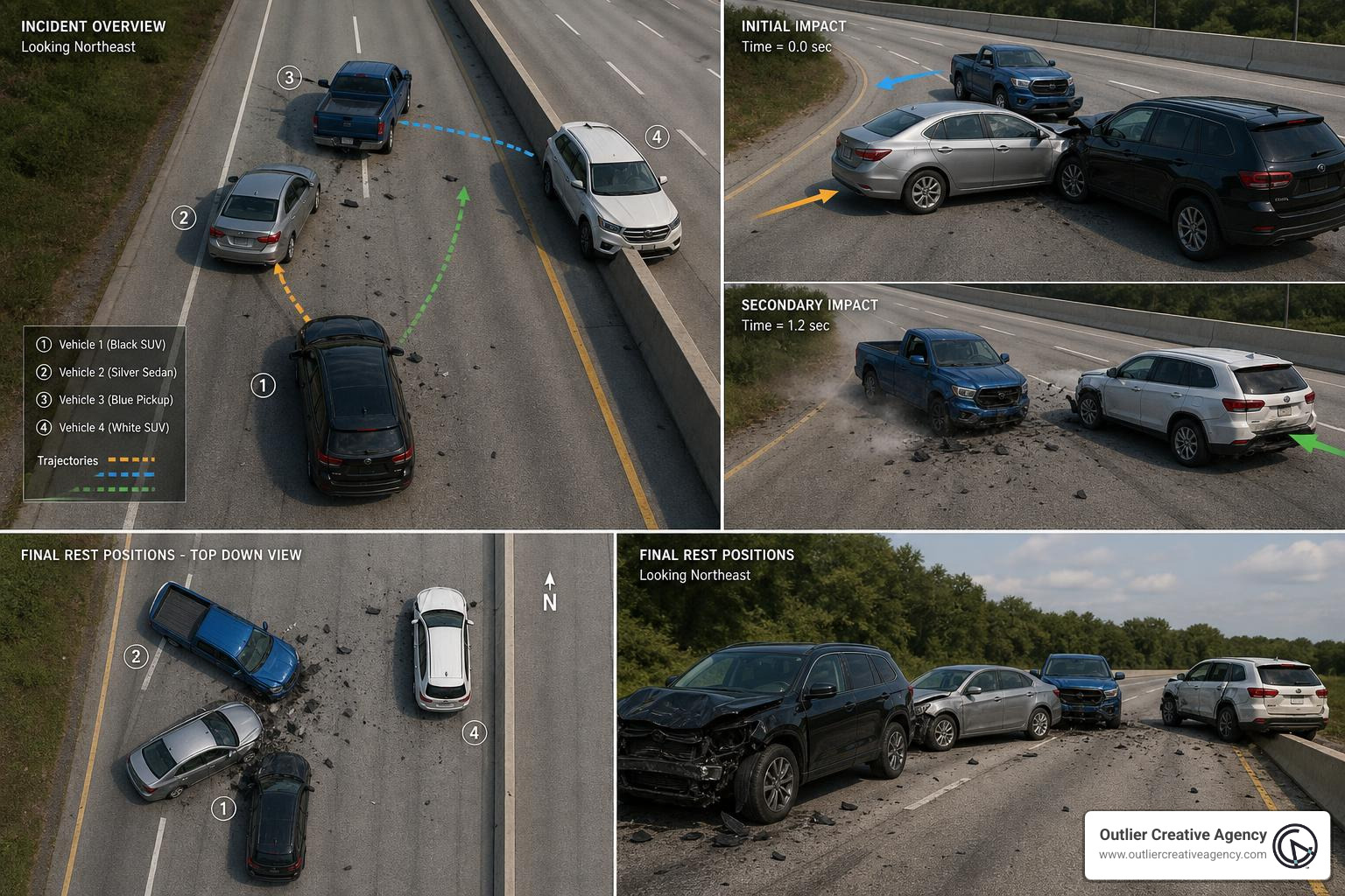 Forensic animation reconstruction scene showing vehicle collision mechanics