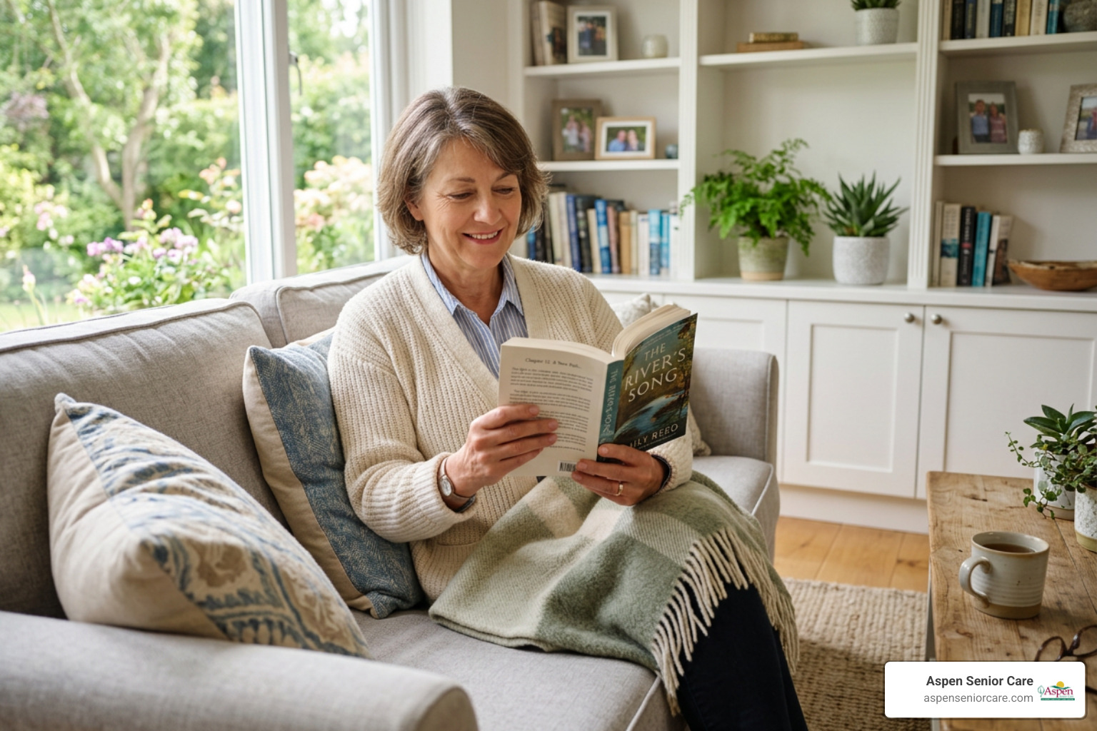 A family caregiver relaxing with a book while her loved one is safe at daycare