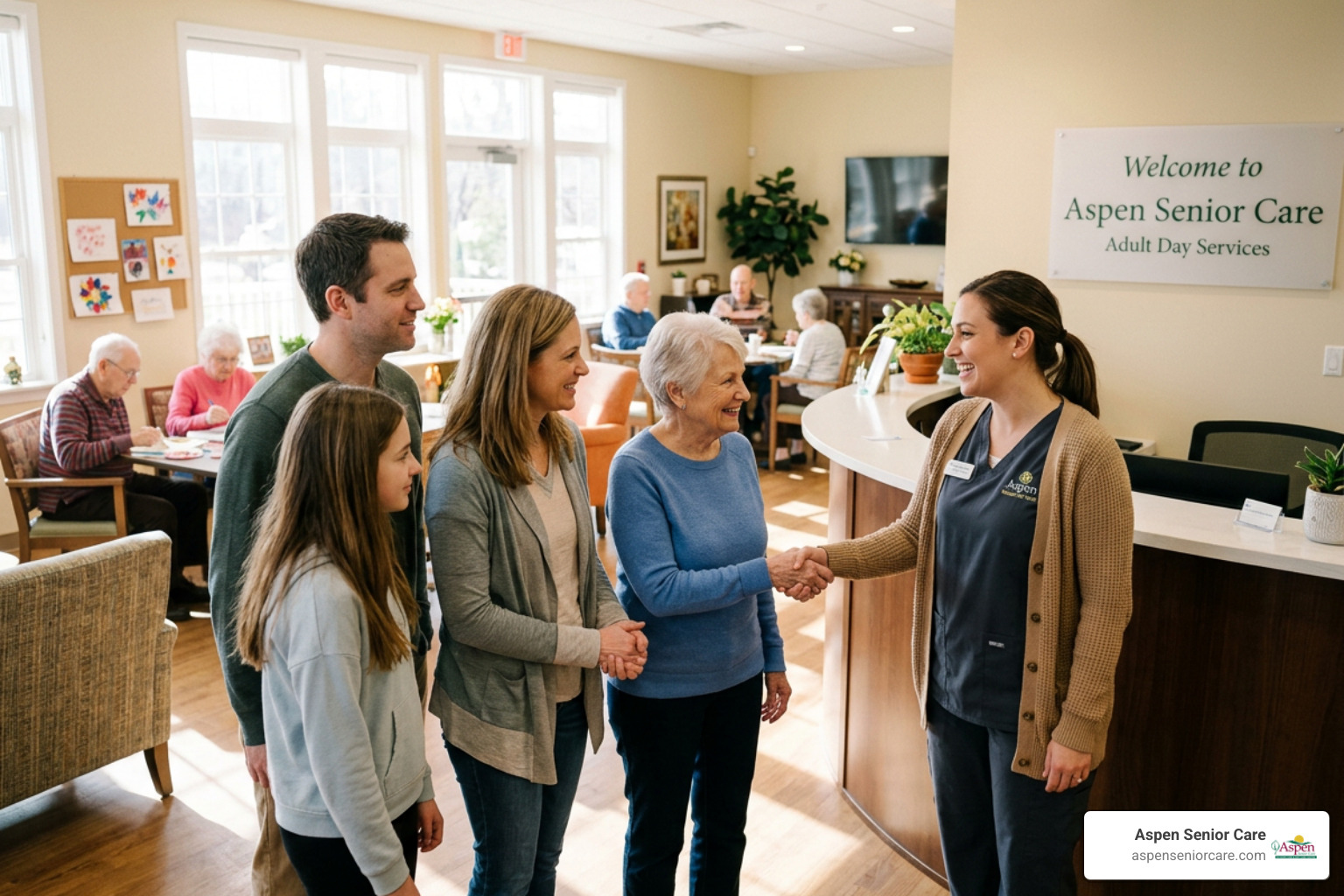 A family touring an adult day care center and meeting the staff