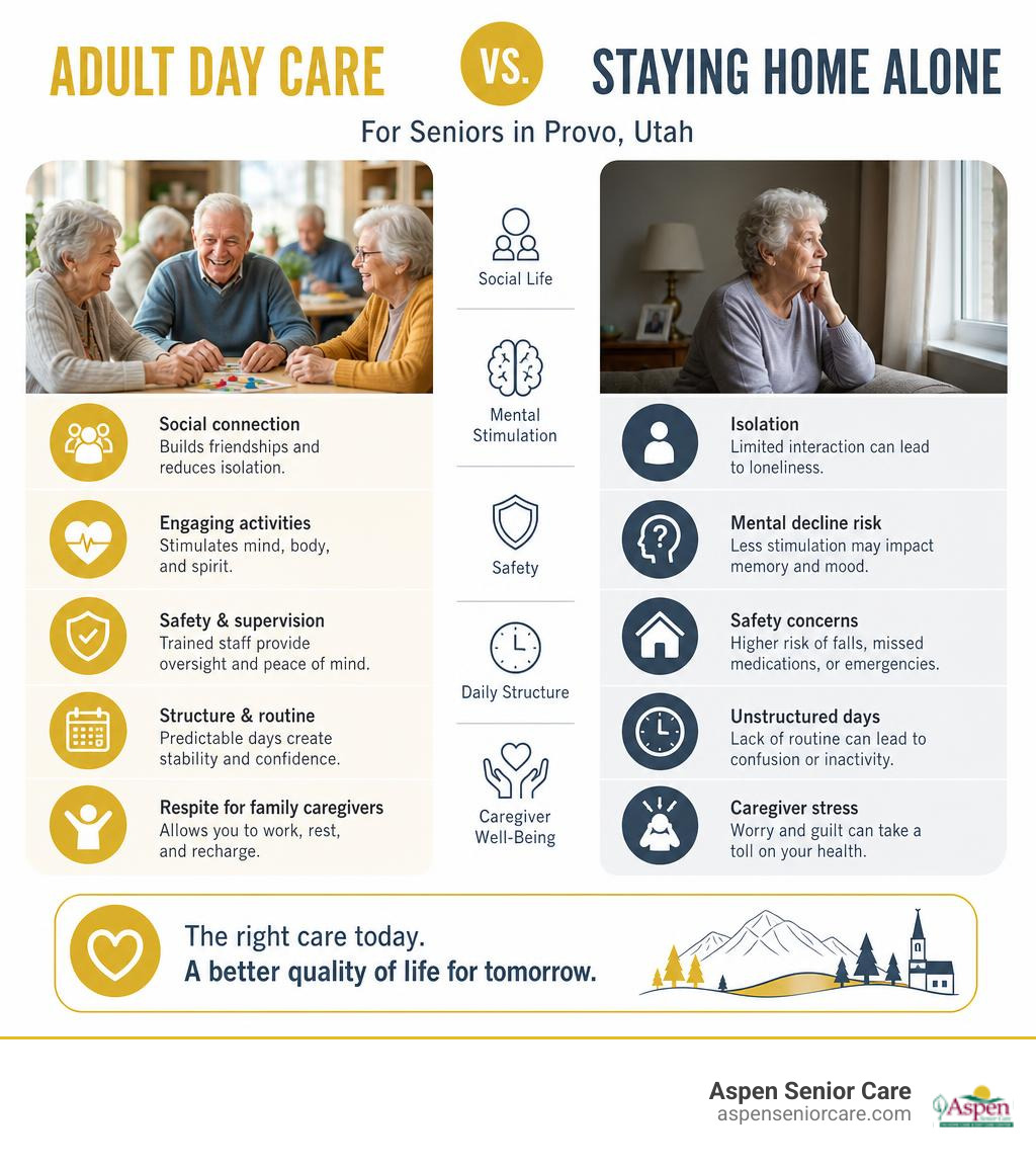 Infographic comparing adult day care vs staying home alone for seniors in Provo Utah infographic