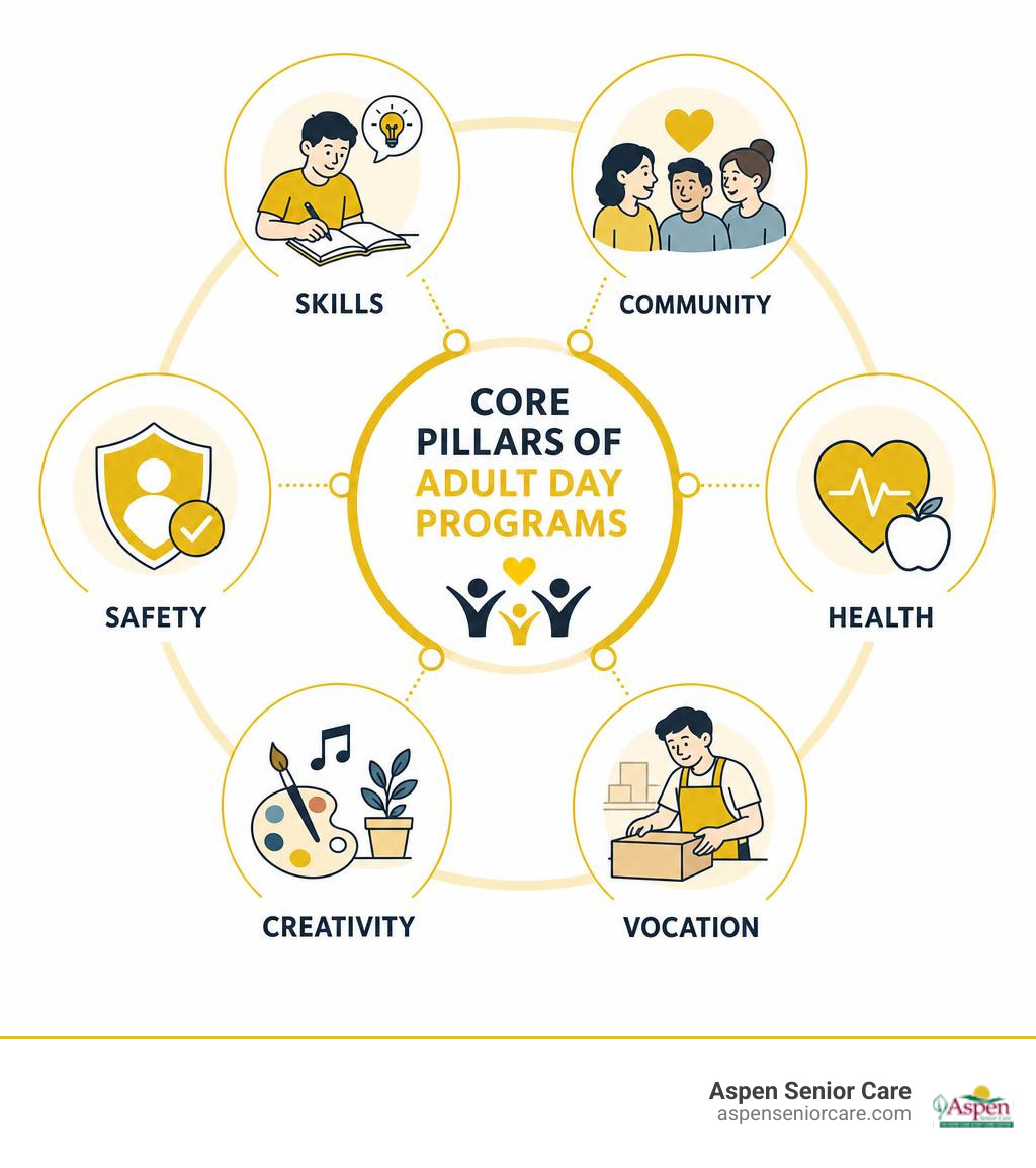 Core pillars of adult day programs: skills, community, health, vocation, creativity, safety infographic