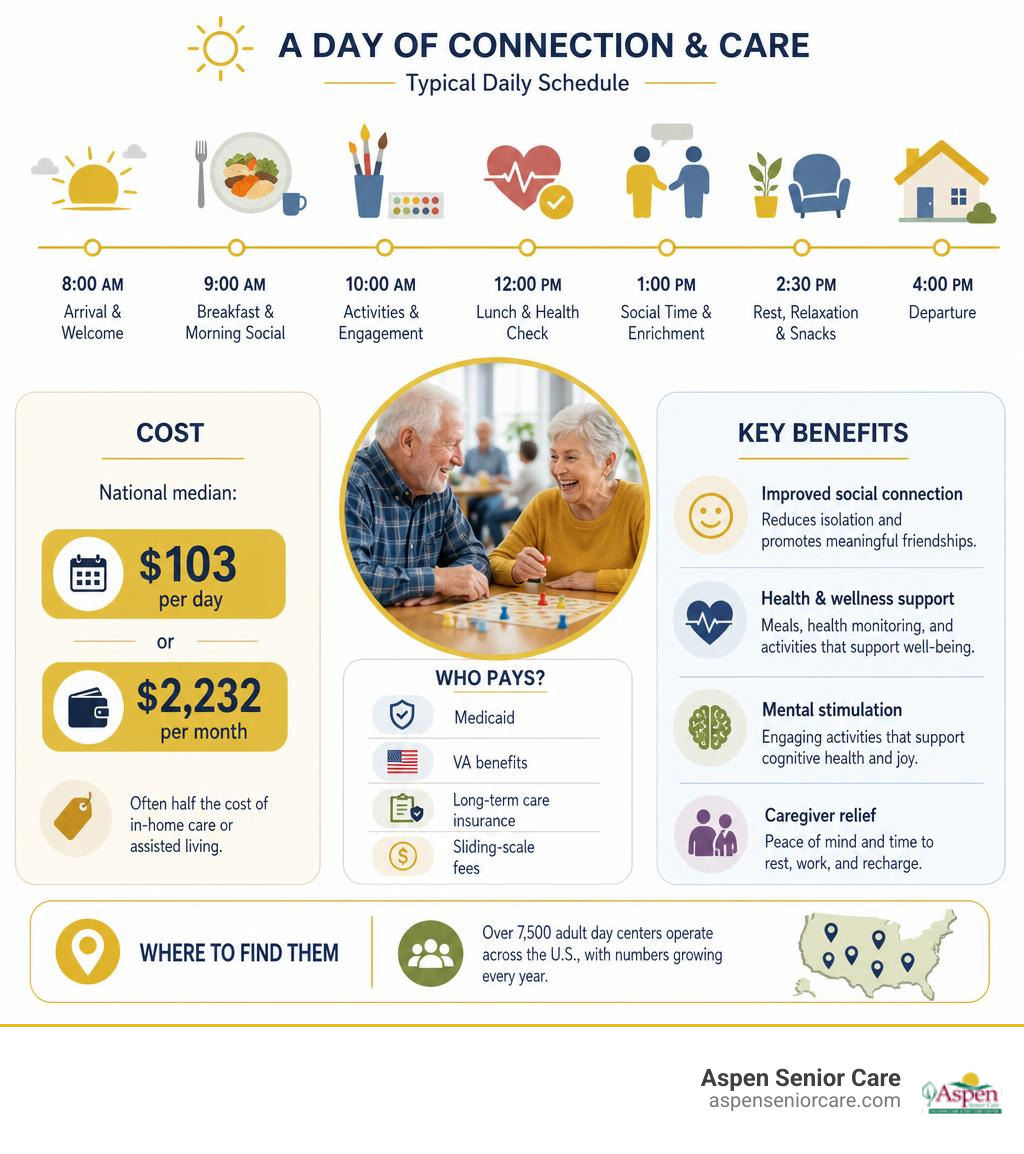 infographic showing daily schedule, cost, and key benefits of adult day care programs infographic