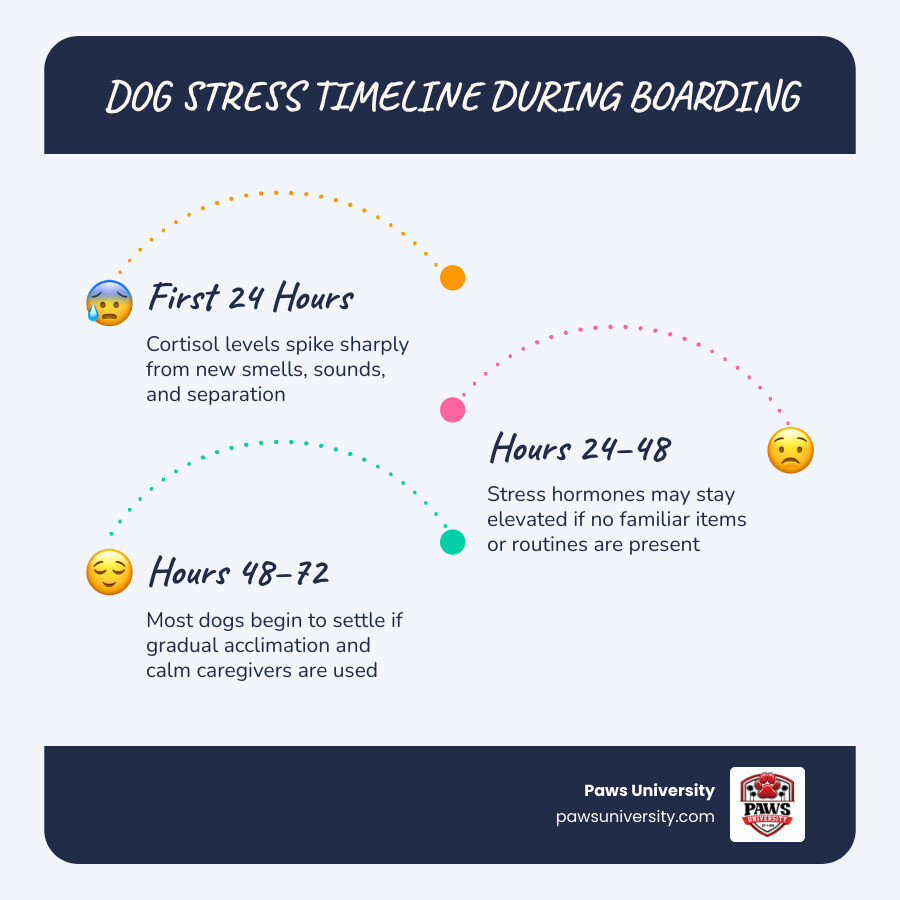 Timeline infographic of dog stress hormones cortisol levels during boarding stay over 72 hours infographic Timeline infographic of dog stress hormones cortisol levels during boarding stay over 72 hours infographic