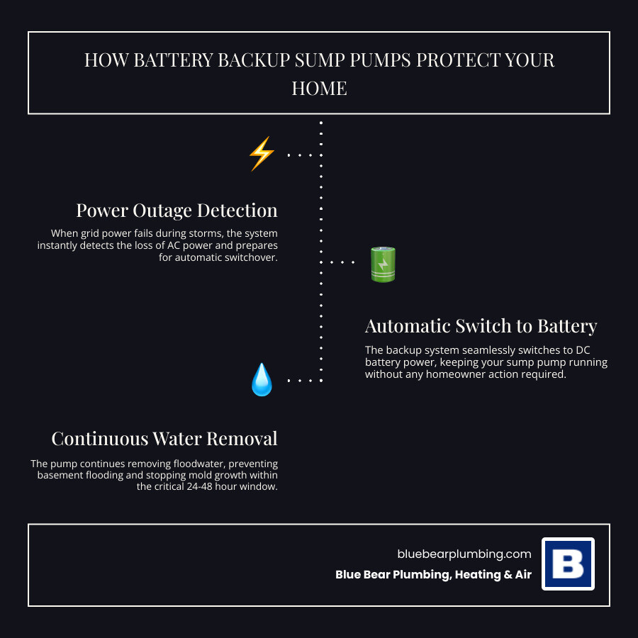 Infographic showing how a battery backup sump pump works, key benefits, and battery runtime by Ah rating infographic Infographic showing how a battery backup sump pump works, key benefits, and battery runtime by Ah rating infographic