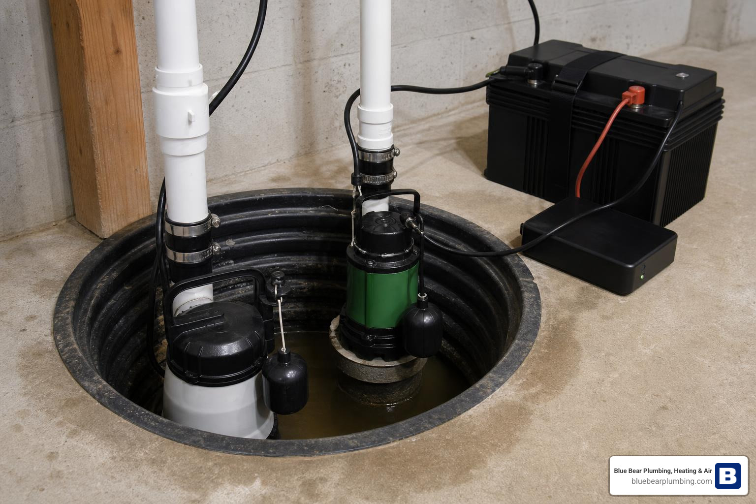 Dual sump pump system installation with primary and auxiliary backup pumps Dual sump pump system installation with primary and auxiliary backup pumps