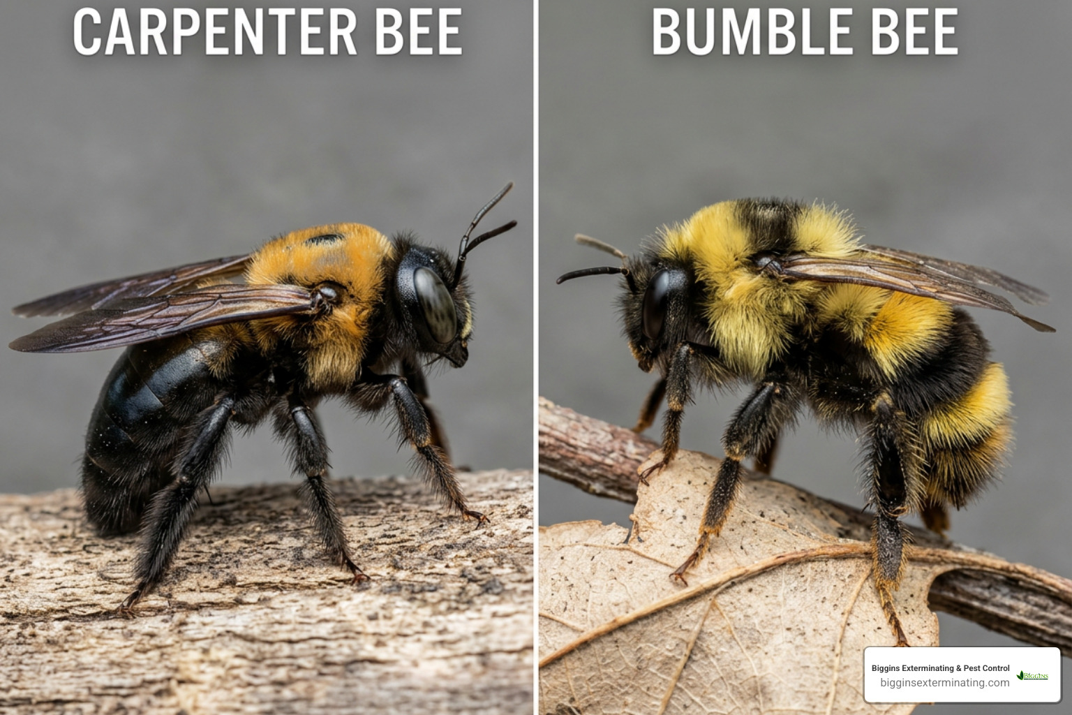 Carpenter bee vs bumble bee side-by-side comparison showing shiny abdomen vs fuzzy abdomen Carpenter bee vs bumble bee side-by-side comparison showing shiny abdomen vs fuzzy abdomen