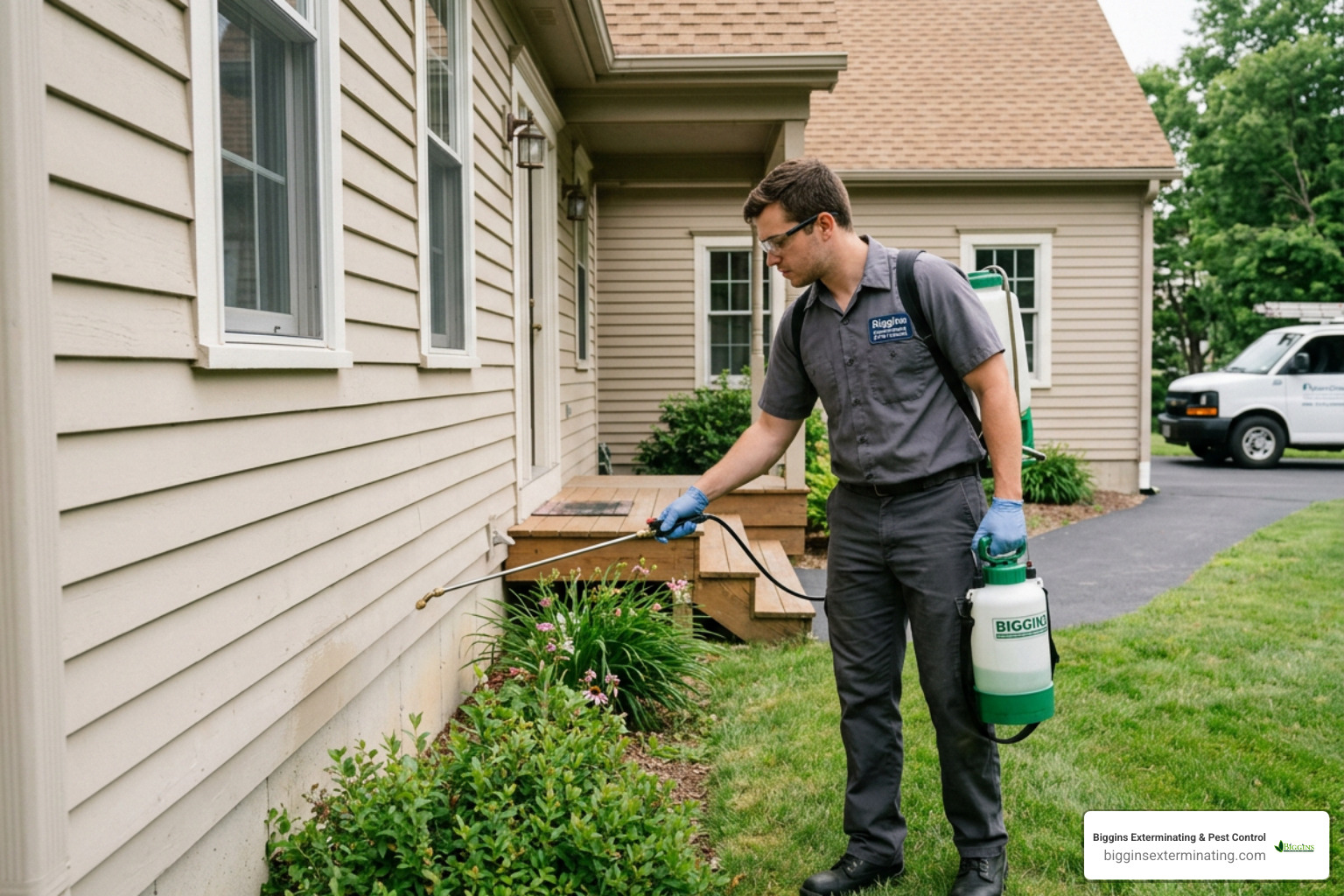 Professional pest control technician applying targeted pesticide to wood siding Professional pest control technician applying targeted pesticide to wood siding