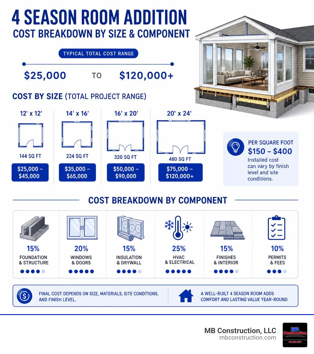 Cost breakdown infographic for 4 season room addition by size and component infographic Cost breakdown infographic for 4 season room addition by size and component infographic